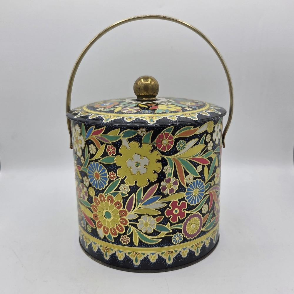 Vintage Floral Metal Biscuit Tin With Lid Embossed Made In England W/ Handle